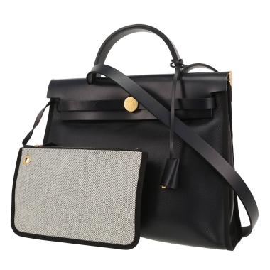 Sac porté épaule ou main Hermès  Herbag en toile enduite bleu-marine et cuir bleu-marine