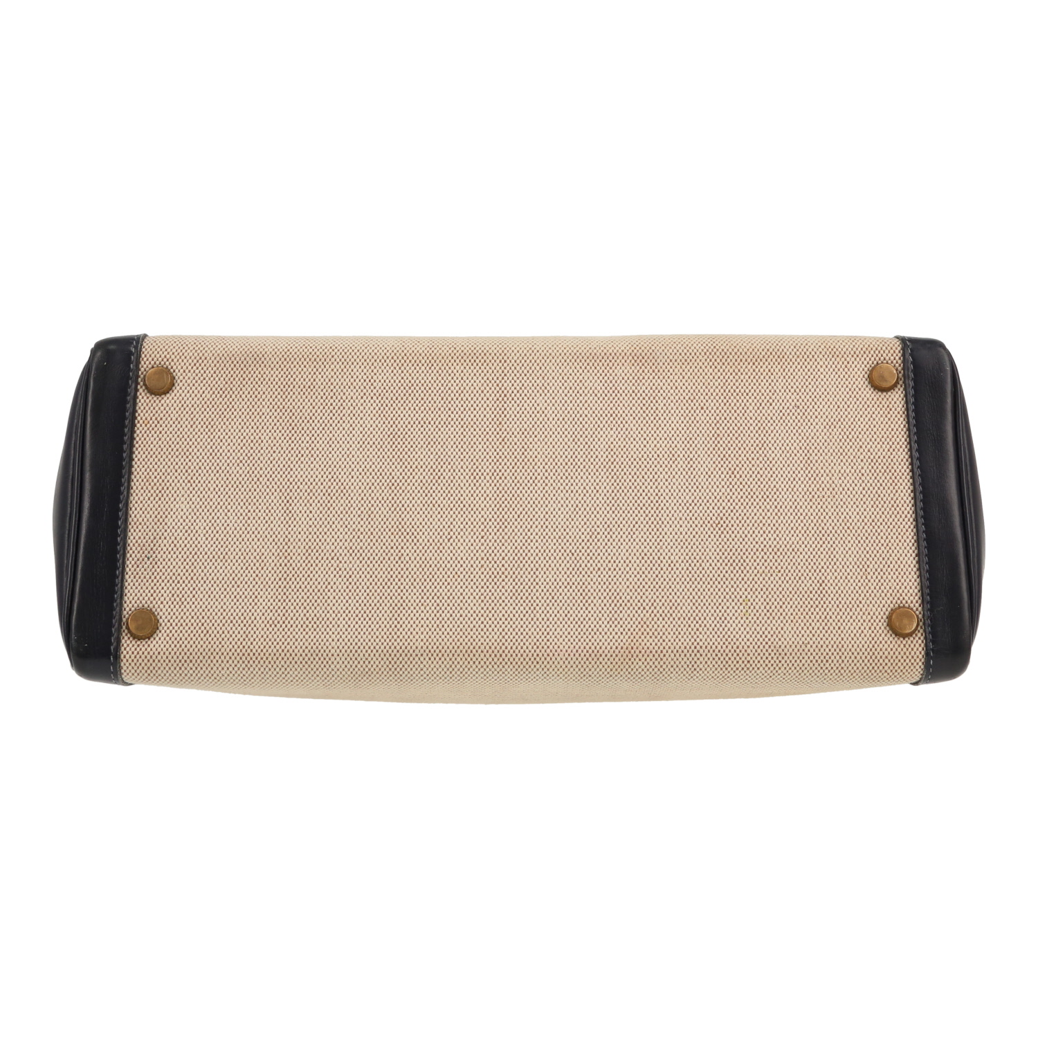 Hermès  Kelly 32 cm handbag  in navy blue box leather  and beige canvas - Detail D1