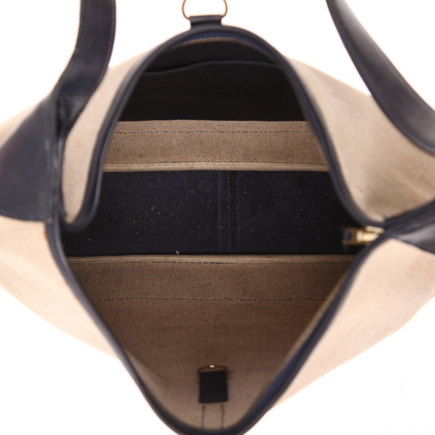 Borsa Hermès  Trim in tela beige e pelle box blu marino - Detail D3