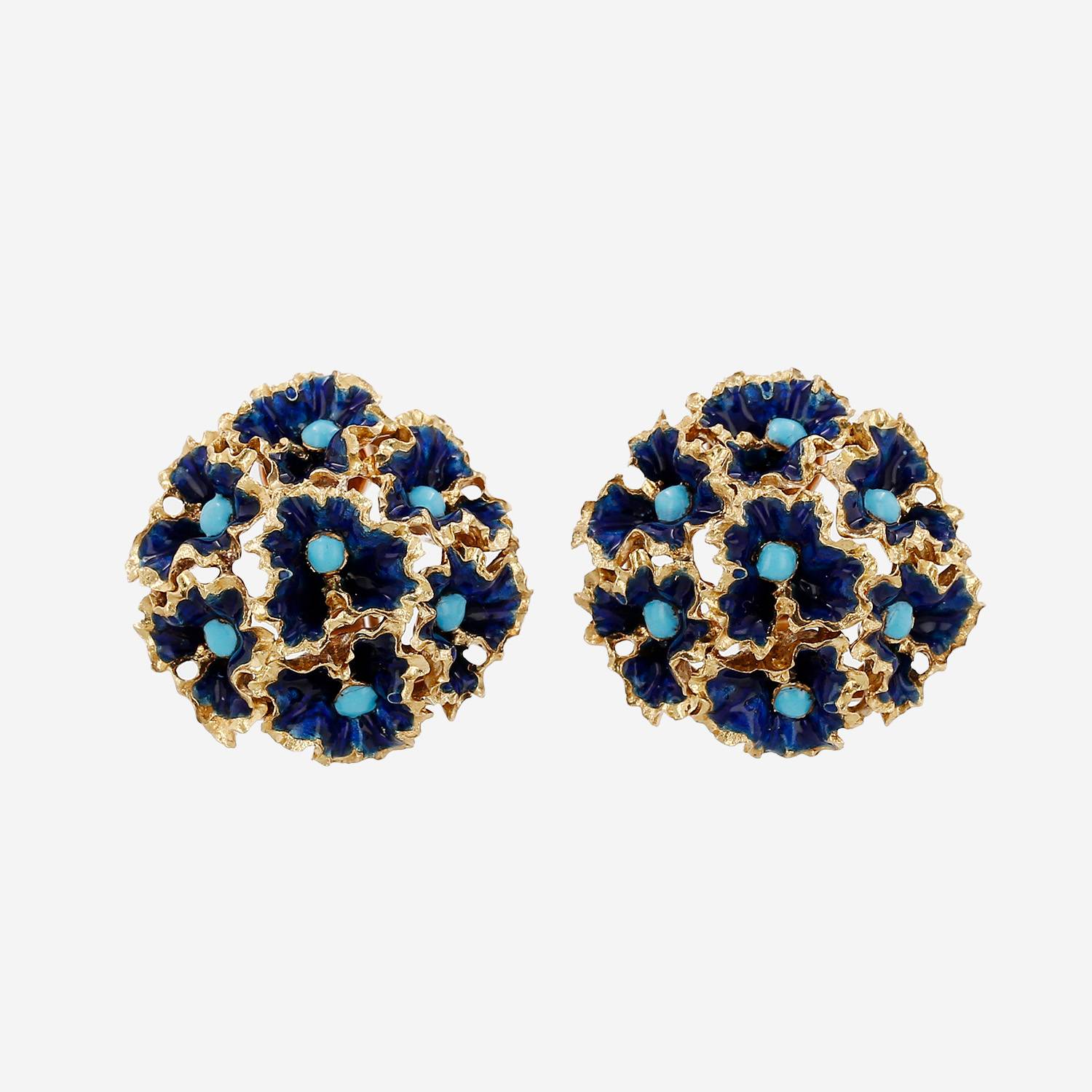 Par de pendientes Vintage 1960's de oro amarillo y esmalte azul