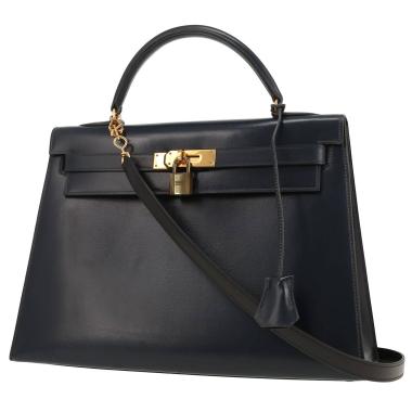 Borsa Hermès Kelly da 32 cm in pelle box blu navy