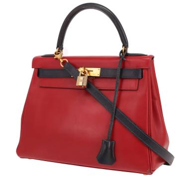 Borsa Hermès  Kelly 28 cm in pelle box rosso Vif e blu indaco