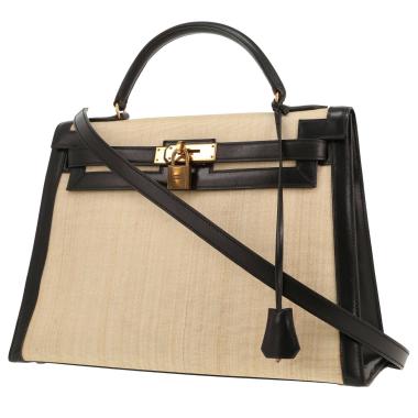 Bolso de mano Hermès  Kelly 32 cm en cuero box negro y crin beige