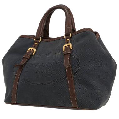 Sac à main Prada   en toile bleu-marine et cuir marron