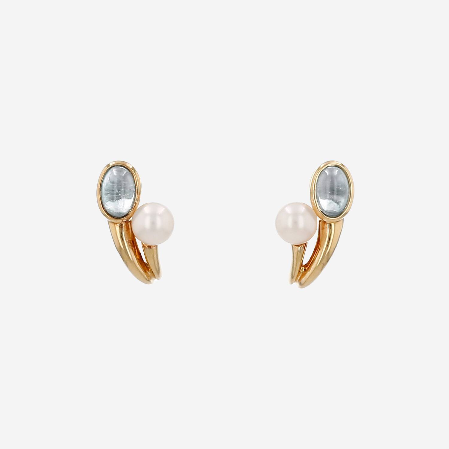 Paire de boucles d'oreilles Vintage en or jaune, aigue-marine et perle de culture