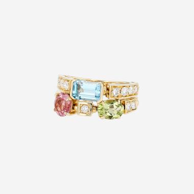 Bague articulée Bulgari Allegra moyen modèle en or jaune, diamants, topaze, péridot et tourmaline
