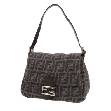 Sac à main Fendi  Mamma Baguette en laine grise et cuir noir