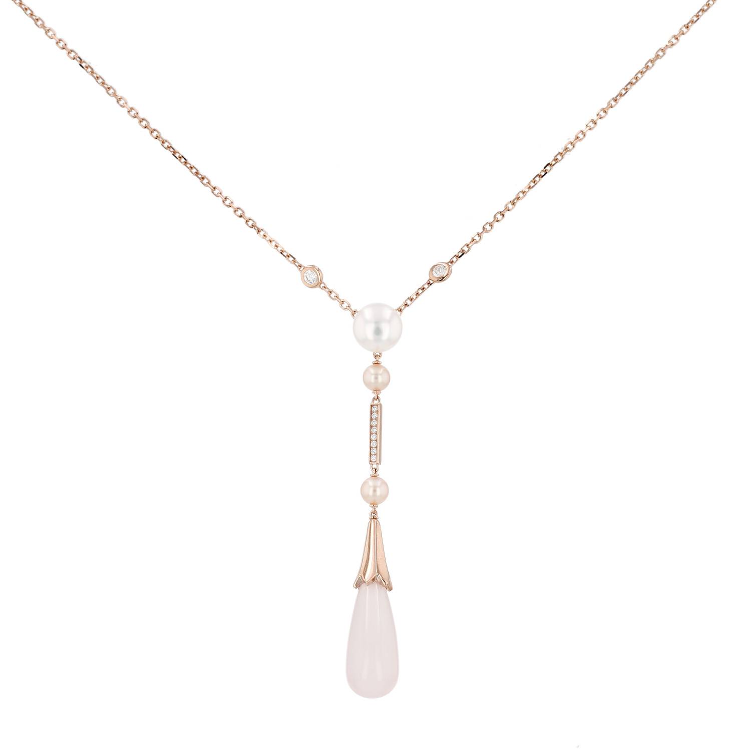 Collier Cartier Monica Bellucci en or rose, quartz rose, perles et Collier Cartier Monica Bellucci en or rose, quartz rose, perles et