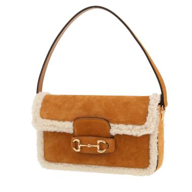 Sac à main Gucci  1955 Horsebit en Veau velours marron et peau lainée beige
