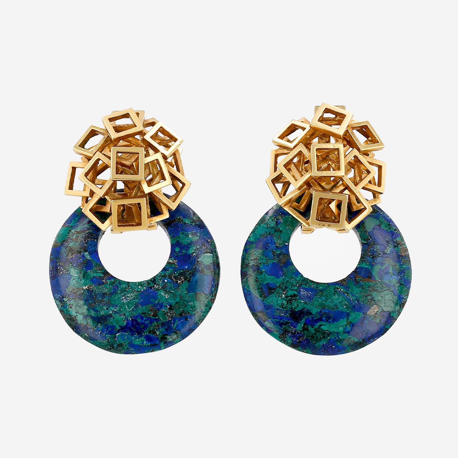 Orecchini Vintage 1970's in oro giallo e azzurrite malachite