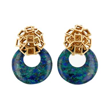 Orecchini Vintage 1970's in oro giallo e azzurrite malachite