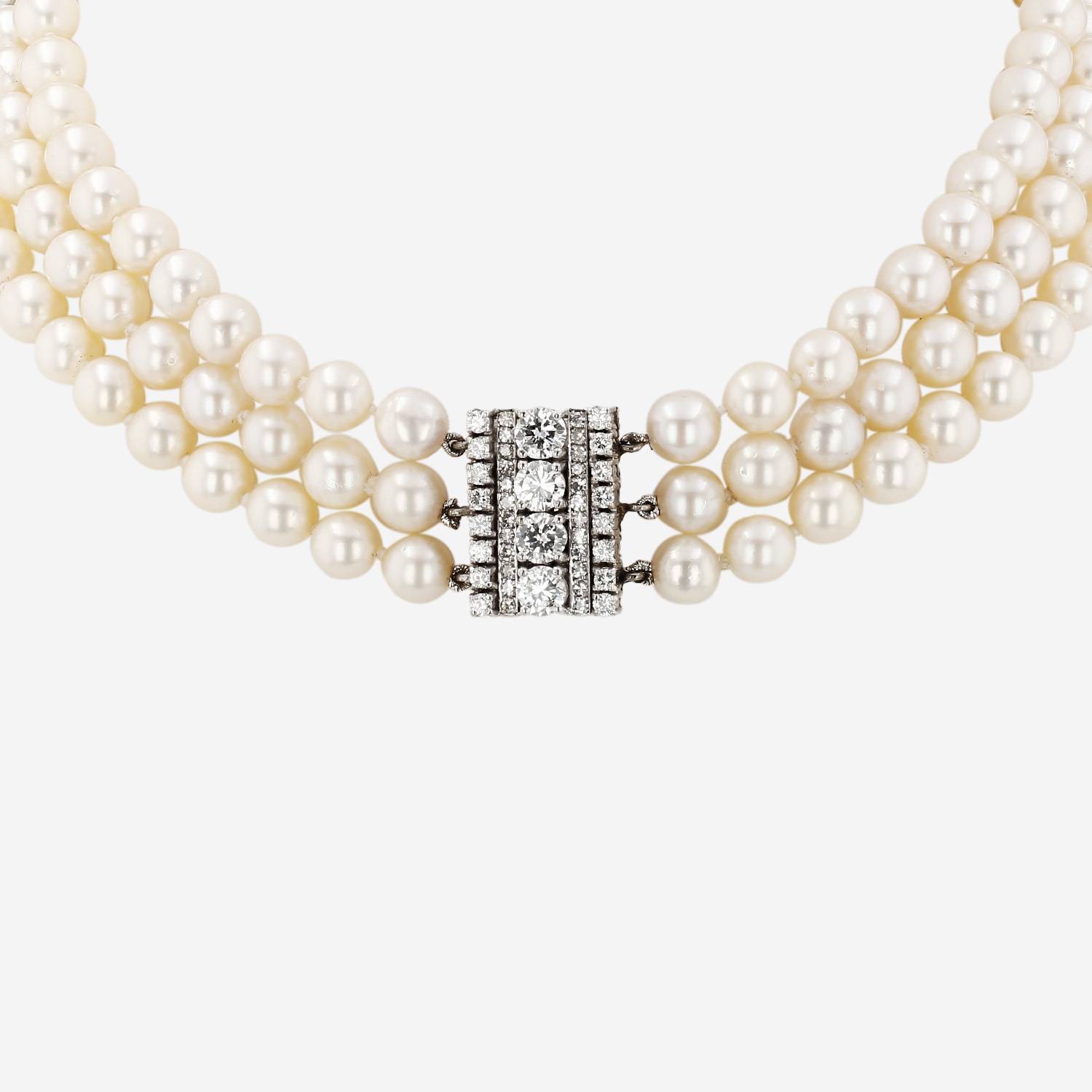 Collier années 1960 Vintage en or blanc, diamants et perles de culture