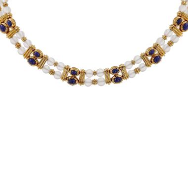 Boucheron   1980's necklace in yellow gold, rock crystal and lapis-lazuli