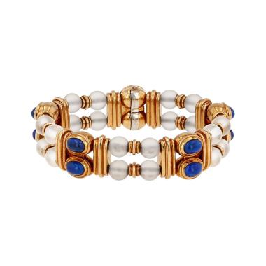 Bracelet années 1980 Boucheron  en or jaune, cristal de roche et lapis-lazuli
