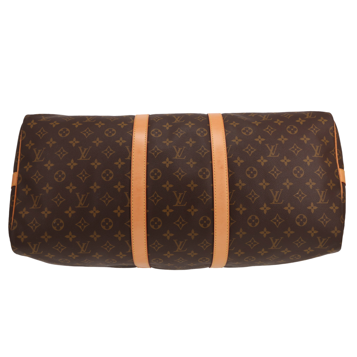 Bolsa de viaje Louis Vuitton Keepall 55 de lona Monogram marrón y cuero natural - Detail D1