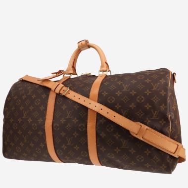 Bolsa de viaje Louis Vuitton Keepall 55 de lona Monogram marrón y cuero natural