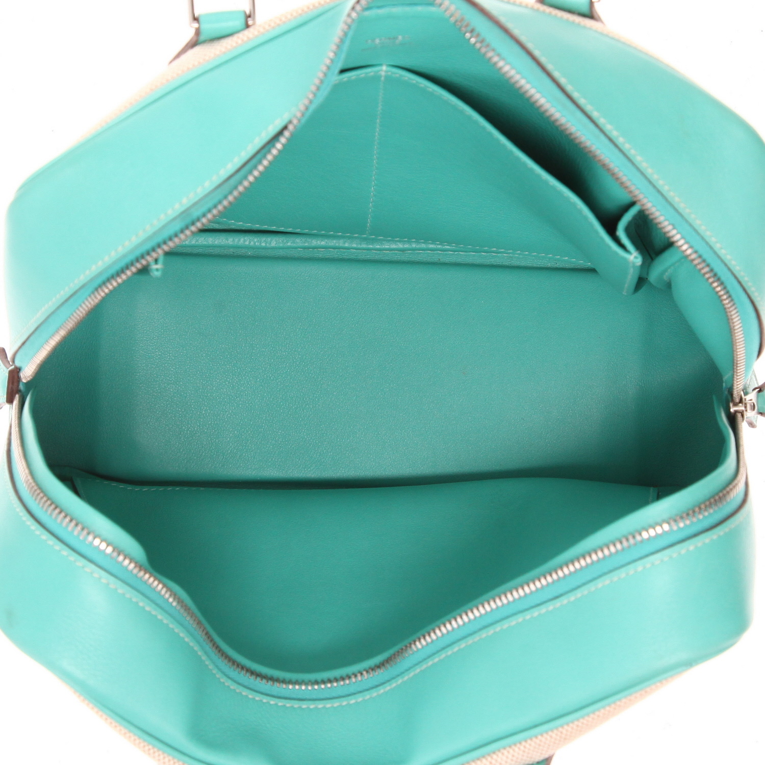 Bolso de mano Hermès  Plume en cuero turquesa y lona beige - Detail D3