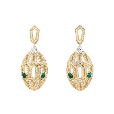 A pair of Bulgari Serpenti hinged earrings in yellow gold, diamonds and malachite