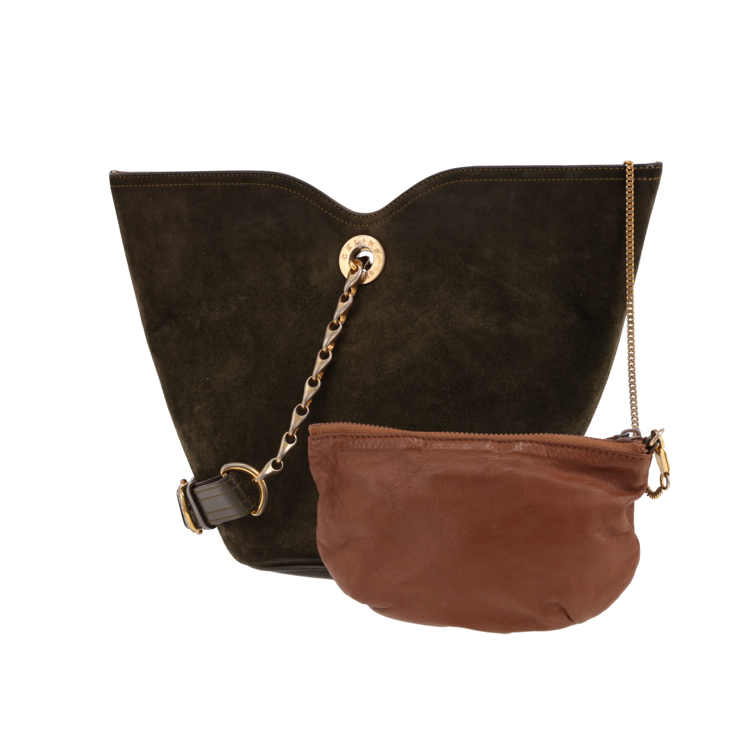 Borsa a tracolla Celine  Vintage in pelle verde kaki e Veau velours verde kaki - Detail D4