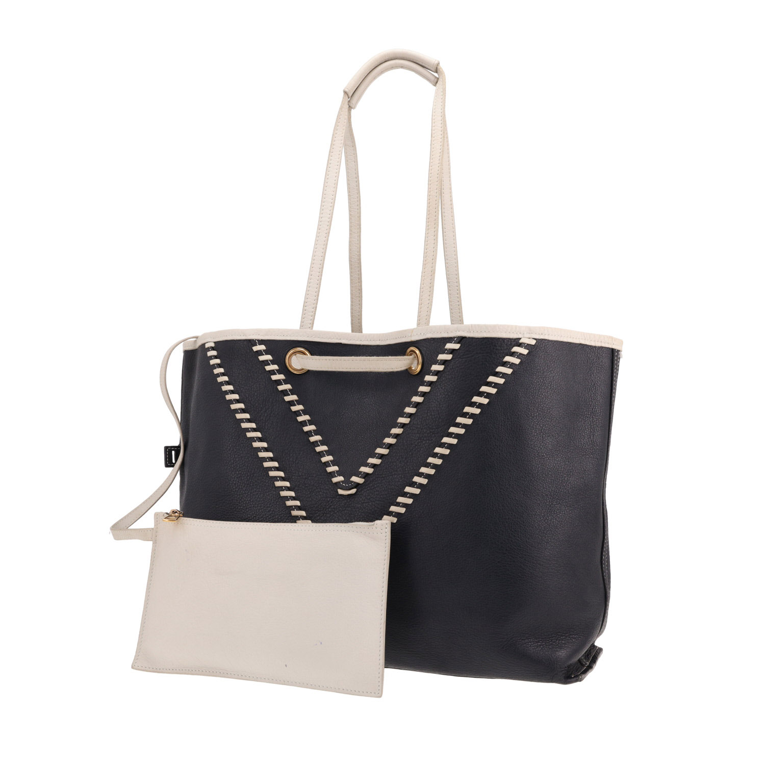 Shopping bag Saint Laurent   in pelle blu marino e bianca - Detail D4