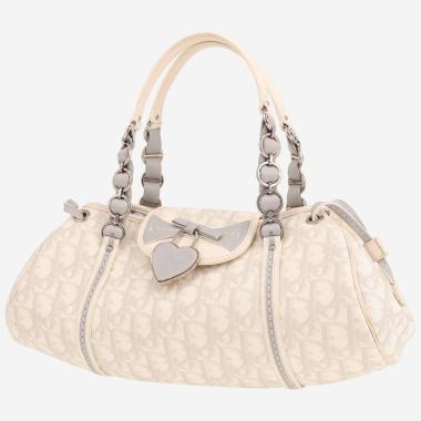 Sac à main Dior  Vintage en toile monogram Oblique blanche et cuir blanc