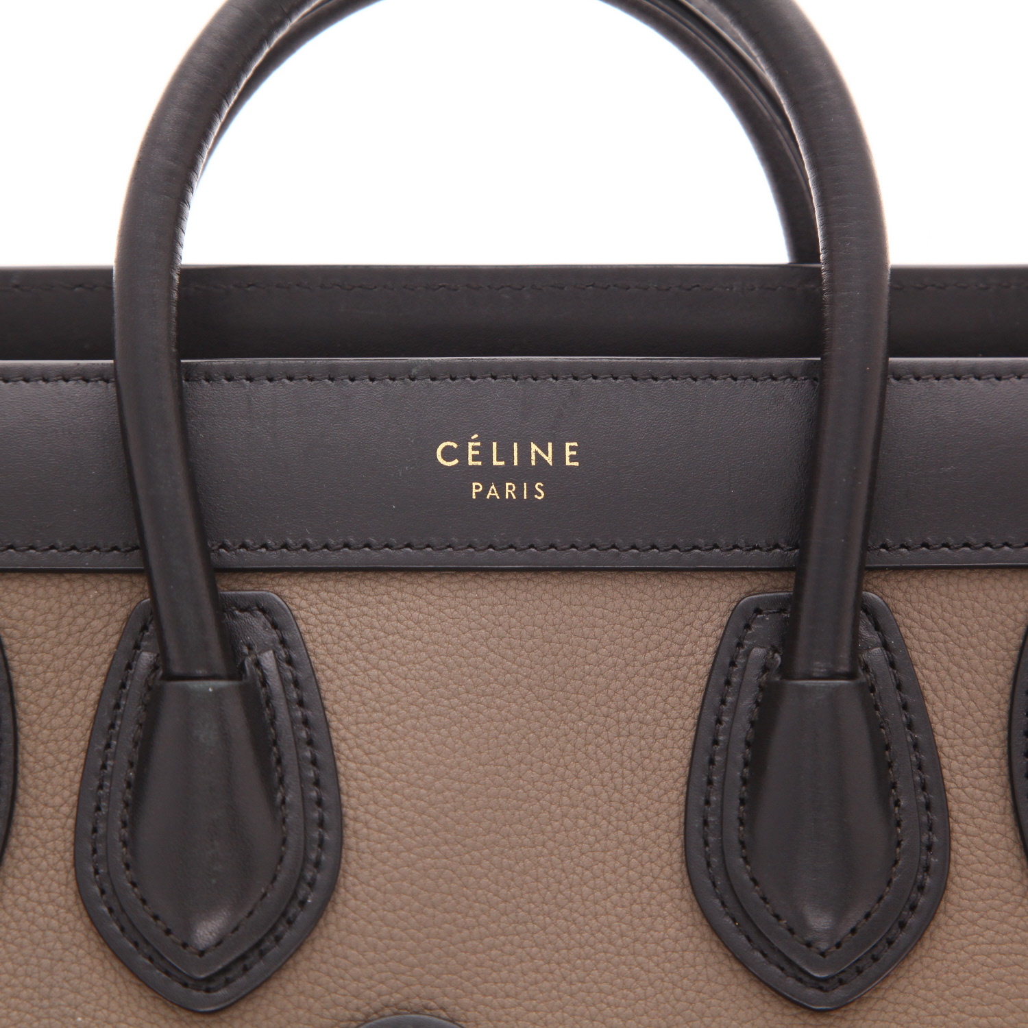 Celine  Luggage Nano shoulder bag  in black, taupe and yellow leather - Detail D2