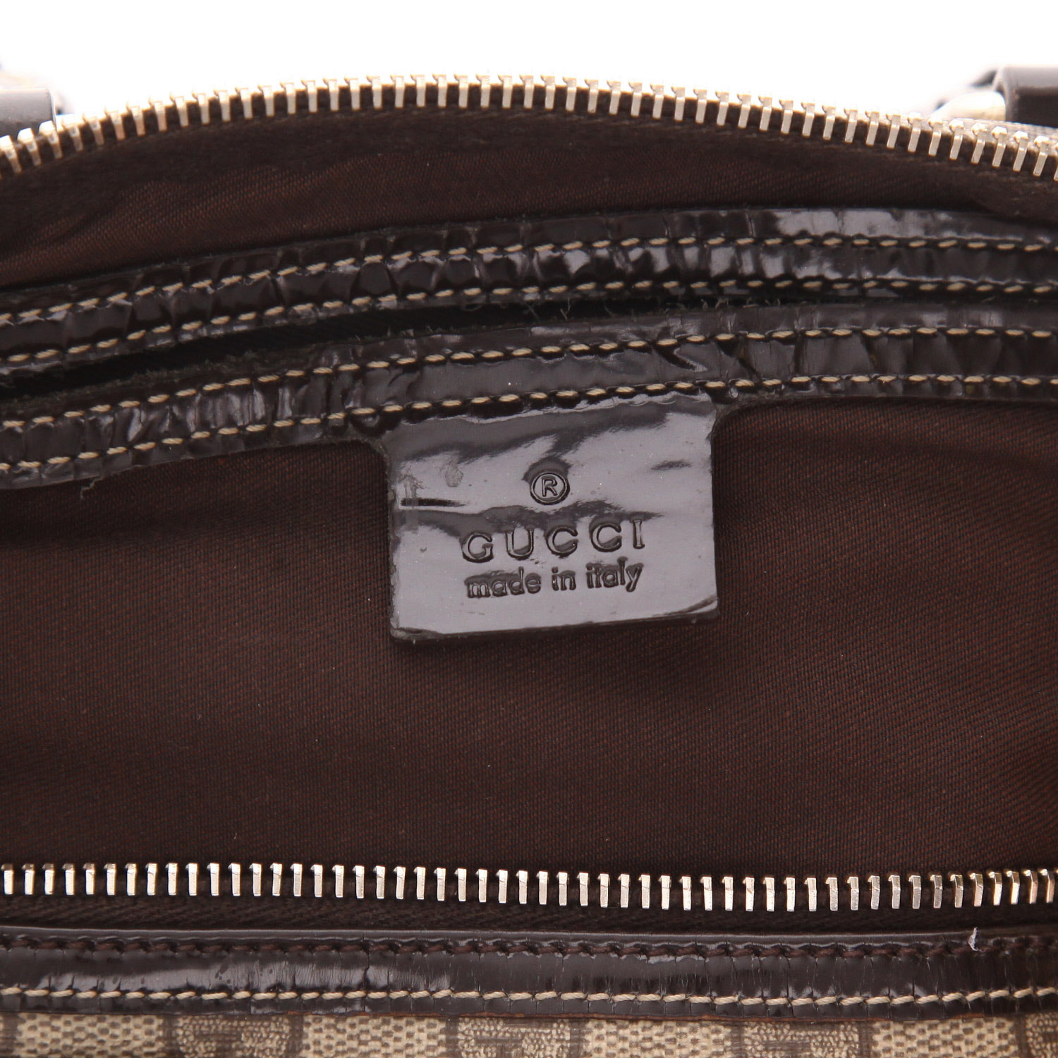 Bolso de mano Gucci  Joy en tejido "sûpreme GG" beige y charol marrón - Detail D2