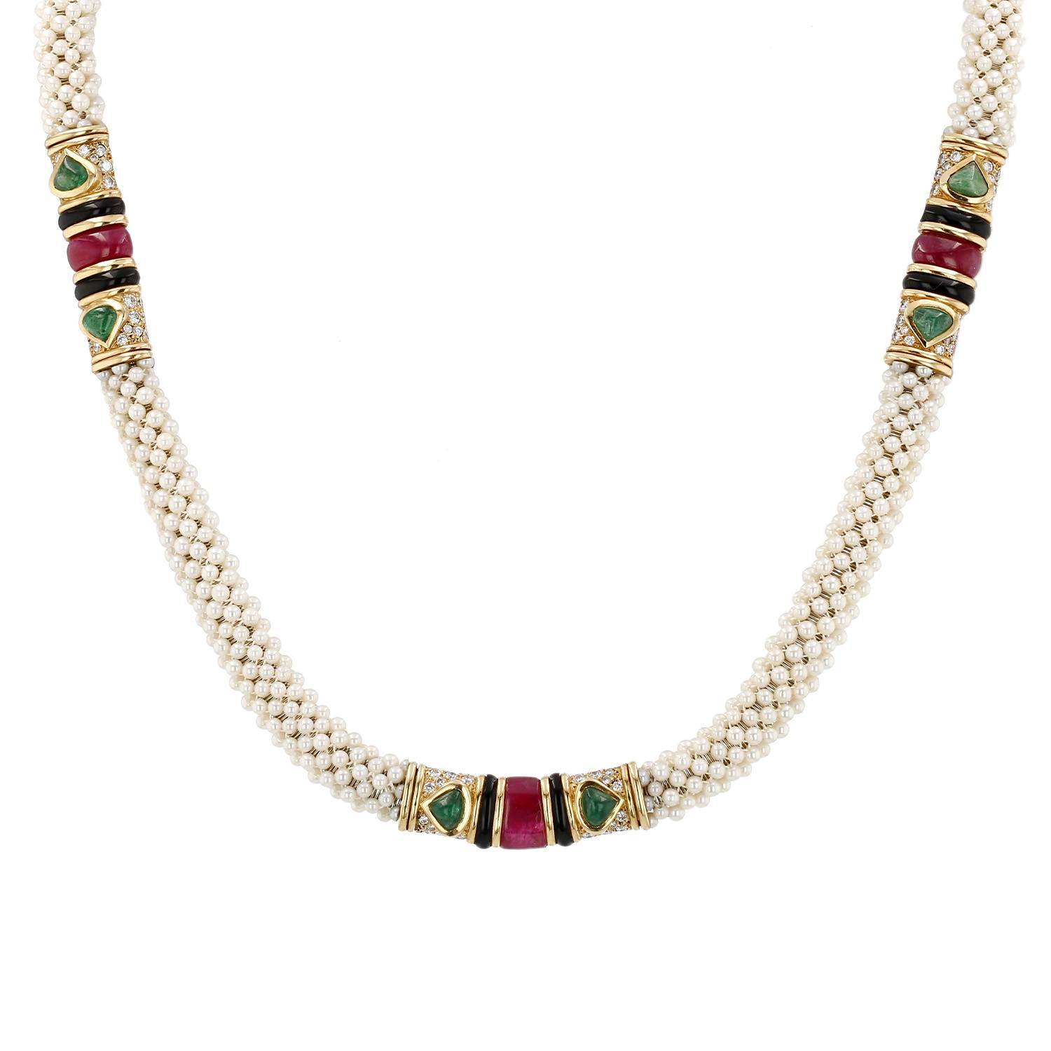 Collier années 1980 Marina B en or jaune, perles de culture, onyx,