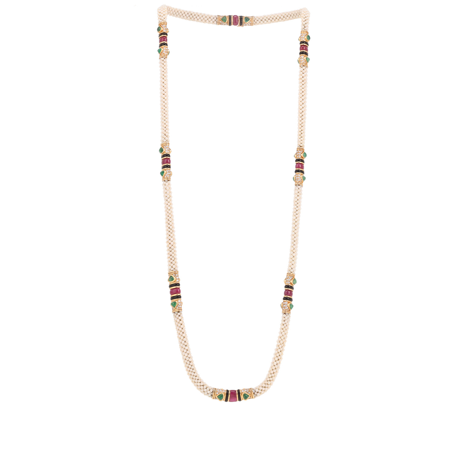 Collier années 1980 Marina B en or jaune, perles de culture, onyx, rubis, émeraudes et diamants - Detail D1