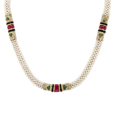 Marina B 1980's necklace in yellow gold, cultured pearls, onyx, rubies, emeralds and diamonds