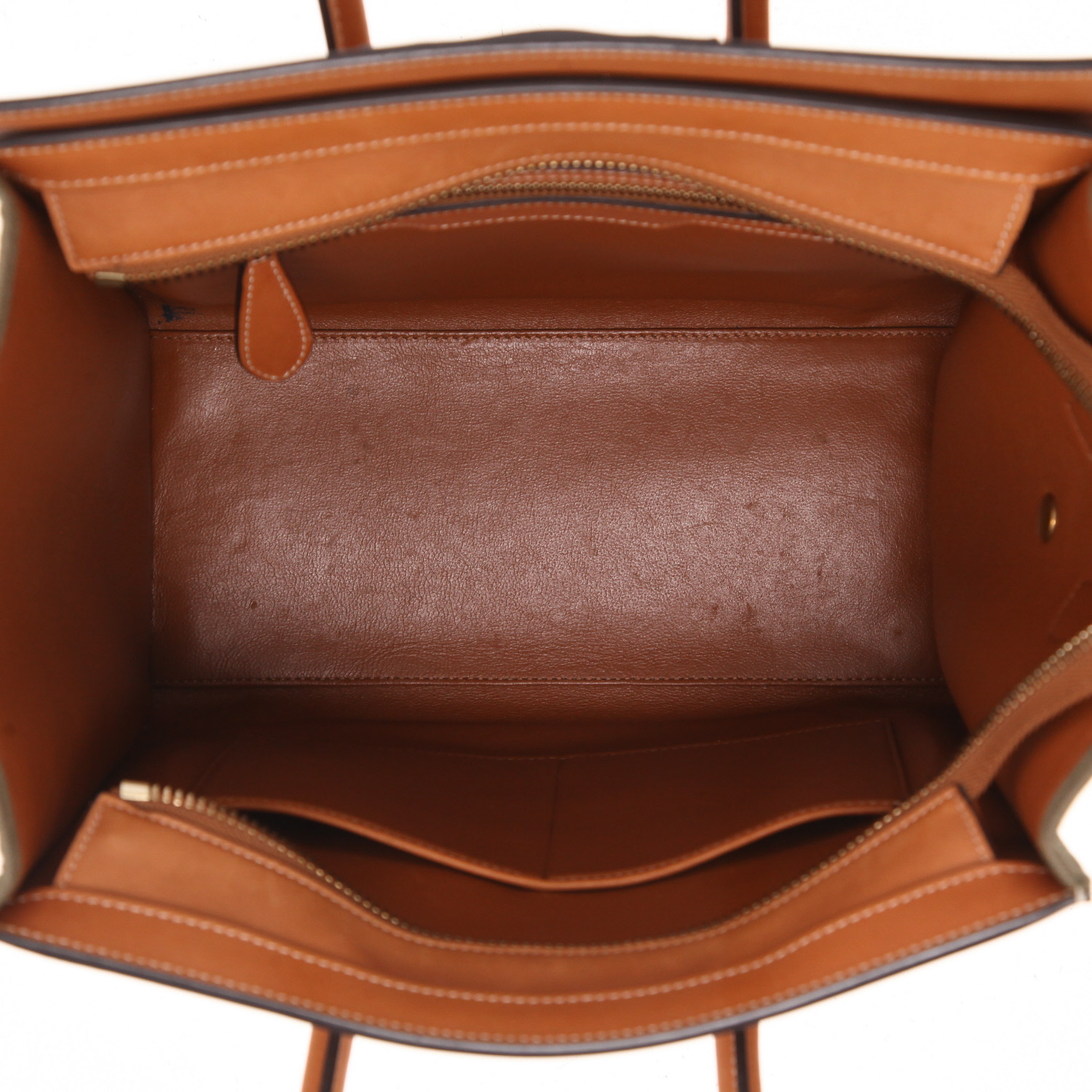 Sac à main Celine  Luggage en cuir marron et toile vert-kaki - Detail D3