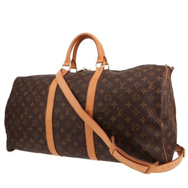 Borsa da viaggio Louis Vuitton Keepall 55 in tela Monogram marrone e pelle naturale