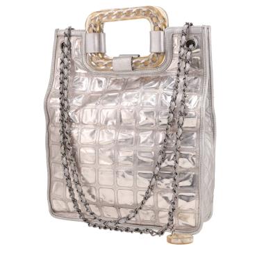 Sac cabas Chanel  Ice Cube en cuir argenté et PVC