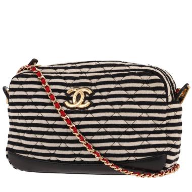 Sac à main Chanel   en toile jersey noire et blanche et cuir noir