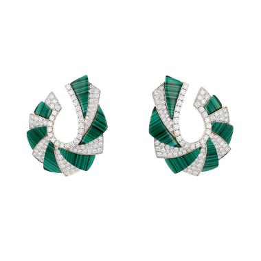 Orecchini Vintage  in oro giallo, diamanti e malachite