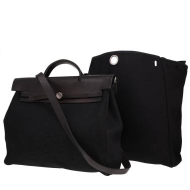 Sac porté épaule ou main Hermès  Herbag en toile noire et cuir noir
