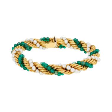 Vintage   1960's bracelet in yellow gold, cultured pearls and agate