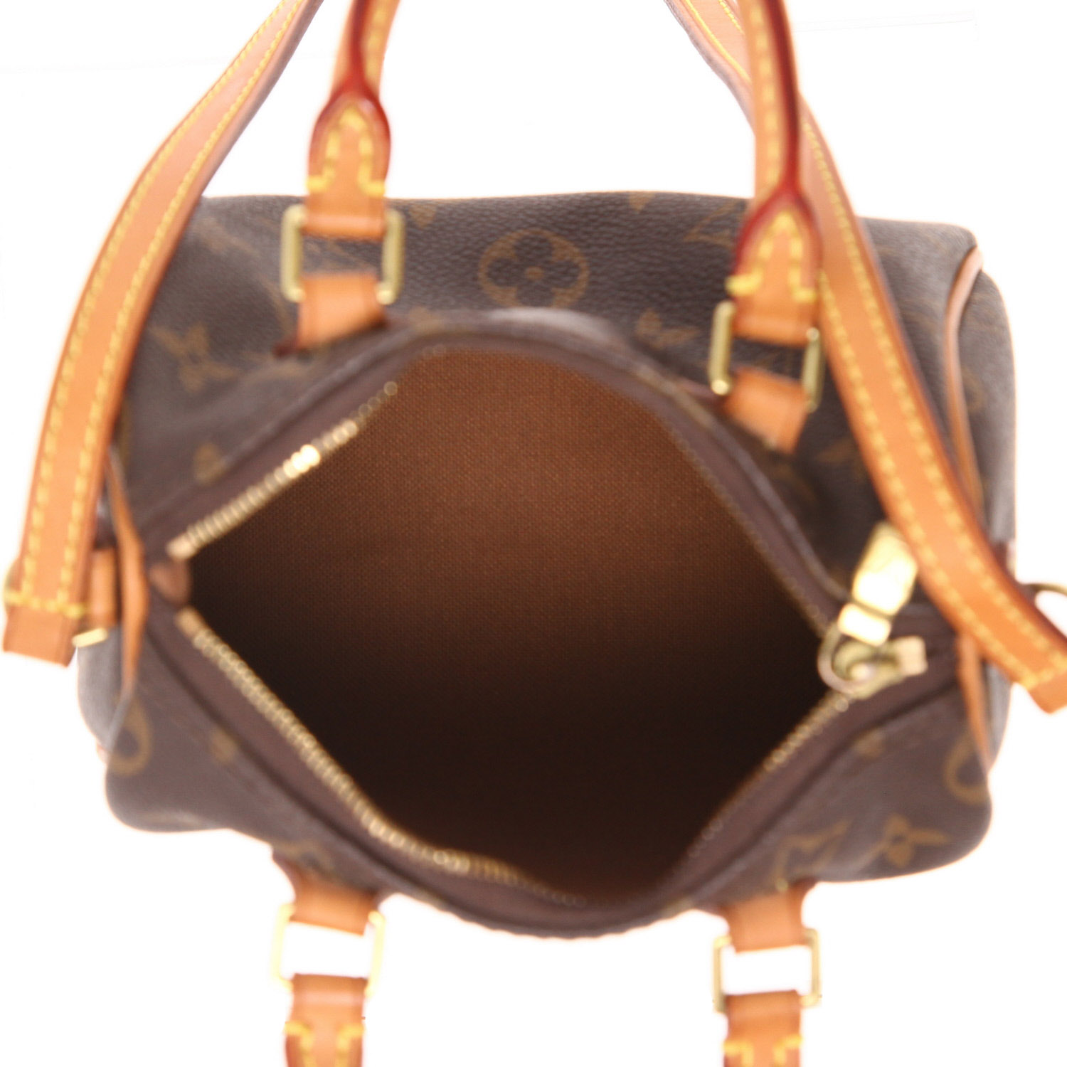 Bolso bandolera Louis Vuitton  Nano Speedy en lona Monogram marrón y cuero natural - Detail D3