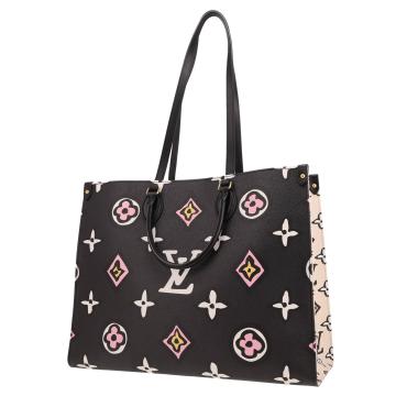 Sac cabas Louis Vuitton  Onthego en toile monogram noire, rose blanche et beige et cuir noir