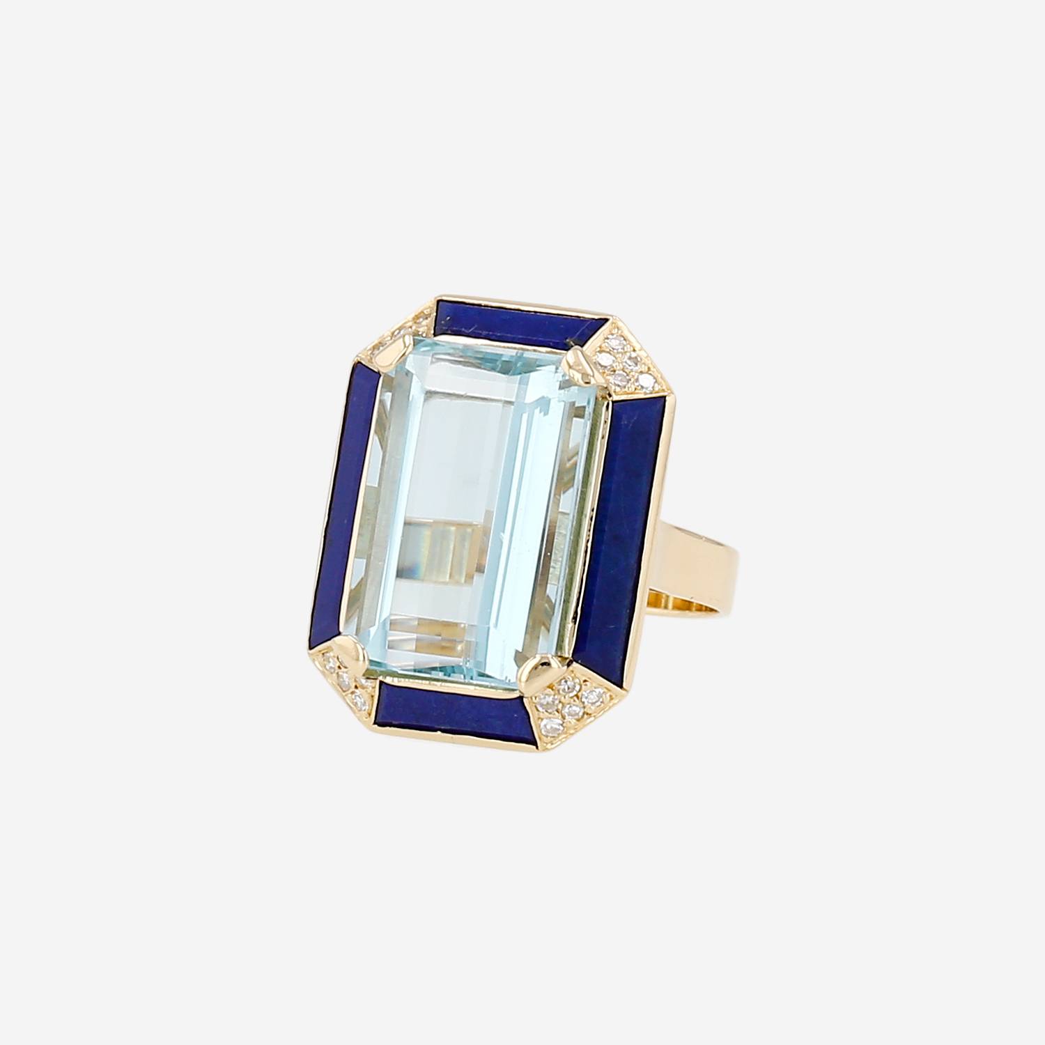 Bague années 1970 Vintage  en or jaune, aigue-marine, lapis-lazuli et diamants