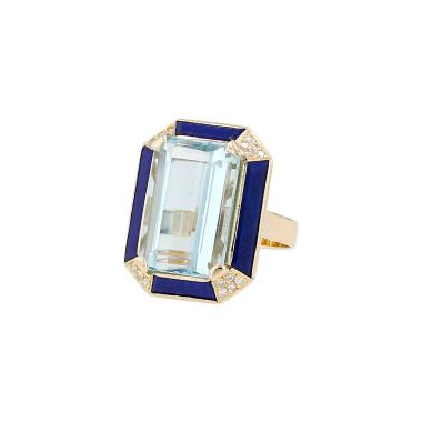 Vintage   1970's ring in yellow gold, aquamarine and lapis-lazuli