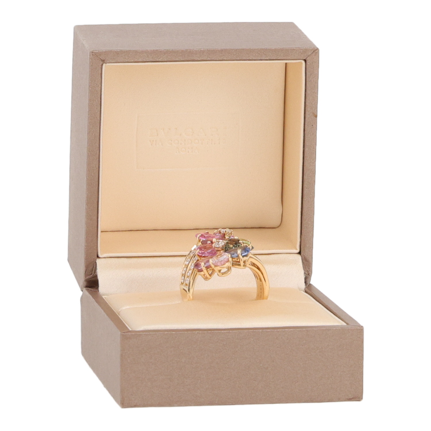 Bague Bulgari Sapphire Flower grand modèle en or jaune, diamants et saphirs de couleur - Detail D2