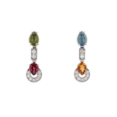 Paire de boucles d'oreilles articulée Bulgari Allegra en or blanc, diamants et pierres de couleurs