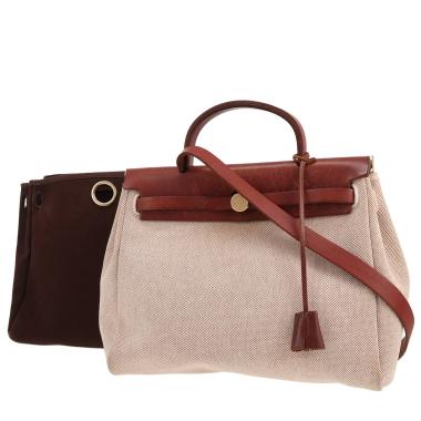 Borsa da spalla o a mano Hermès  Herbag in tela beige e pelle marrone
