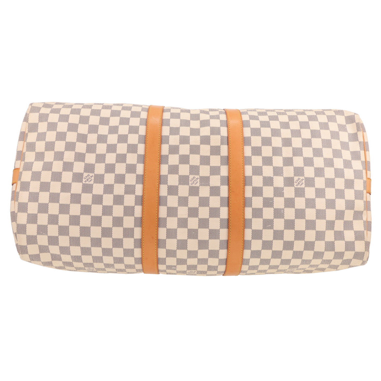 Borsa da viaggio Louis Vuitton Keepall 55 in tela Damier azzurra e pelle naturale - Detail D1