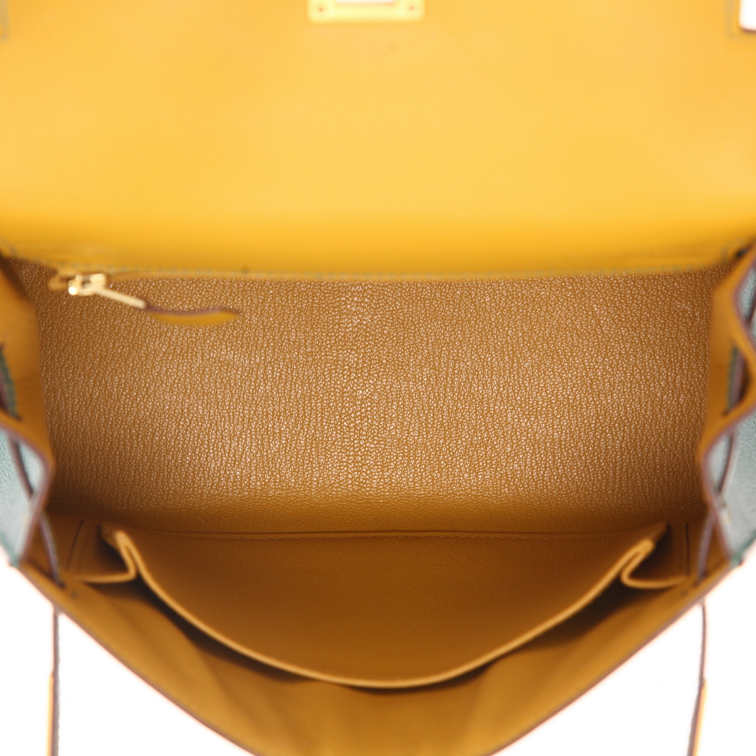 Bolso de mano Hermès  Kelly 25 cm en cuero epsom amarillo y verde - Detail D3