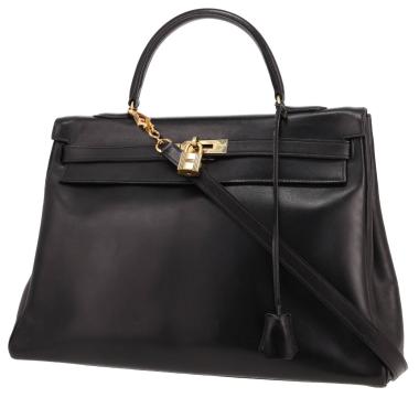 Borsa Hermès Kelly 35 cm in pelle nera a effetto box