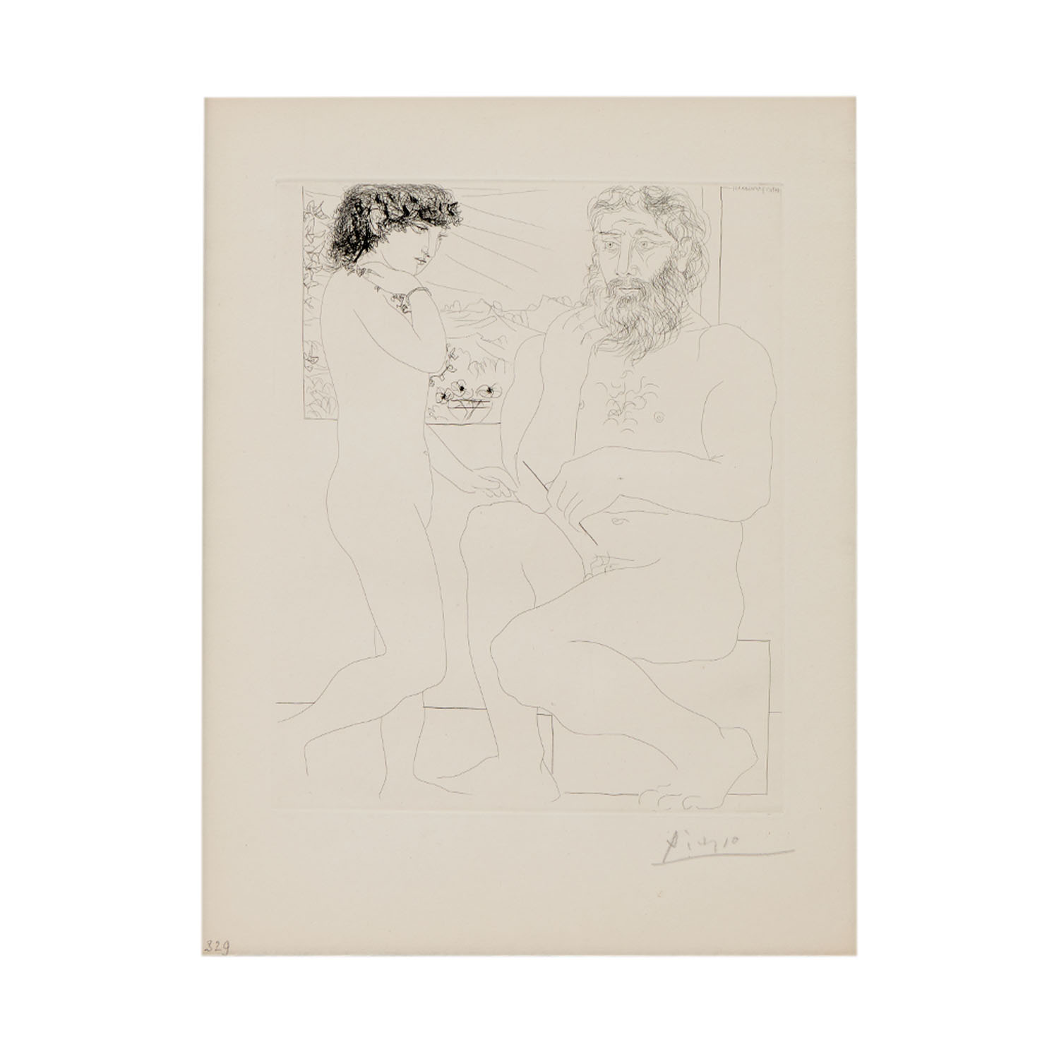 Sculpteur songeant, modèle aux cheveux noirs et bol avec trois anémones, from La Suite Vollard (n° 68) - 1933 - Detail D1