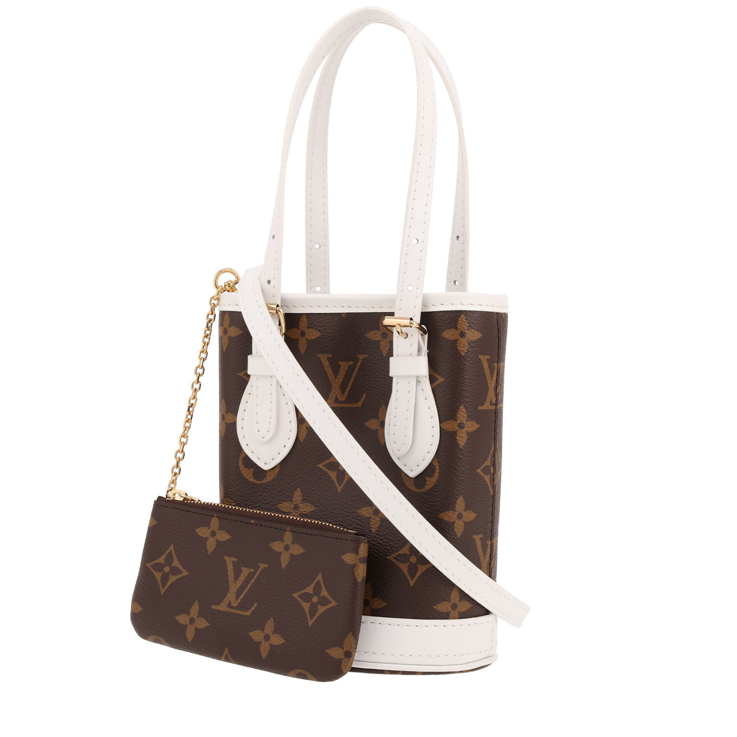 Louis Vuitton  Bucket mini  handbag  in brown monogram canvas  and white leather - Detail D4