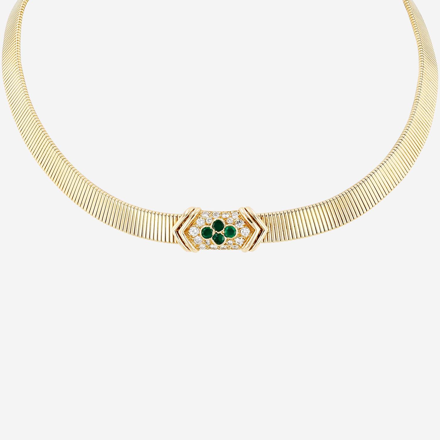 Collier années 1960 Vintage André Vassort en or jaune, émeraudes et diamants